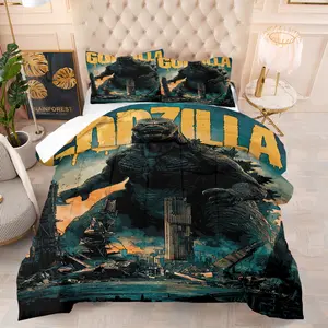 Godzilla City Horror themed printed blanket, including 1 blanket and 1 or 2 pillowcases without a core, suitable for bedroom ambiance and dormitory decoration for science fiction fans, young people, and adults