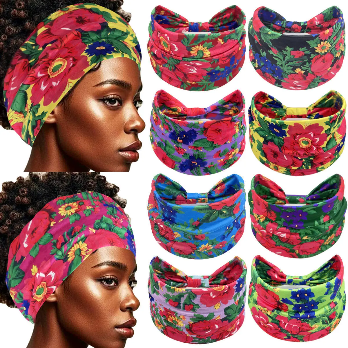 4 Pcs Women's Fashion Headbands, Mixed Floral Print Wide Tie Knot Turbans, Bandana Style Elastic Bands, Boho Hair Accessories, One Size