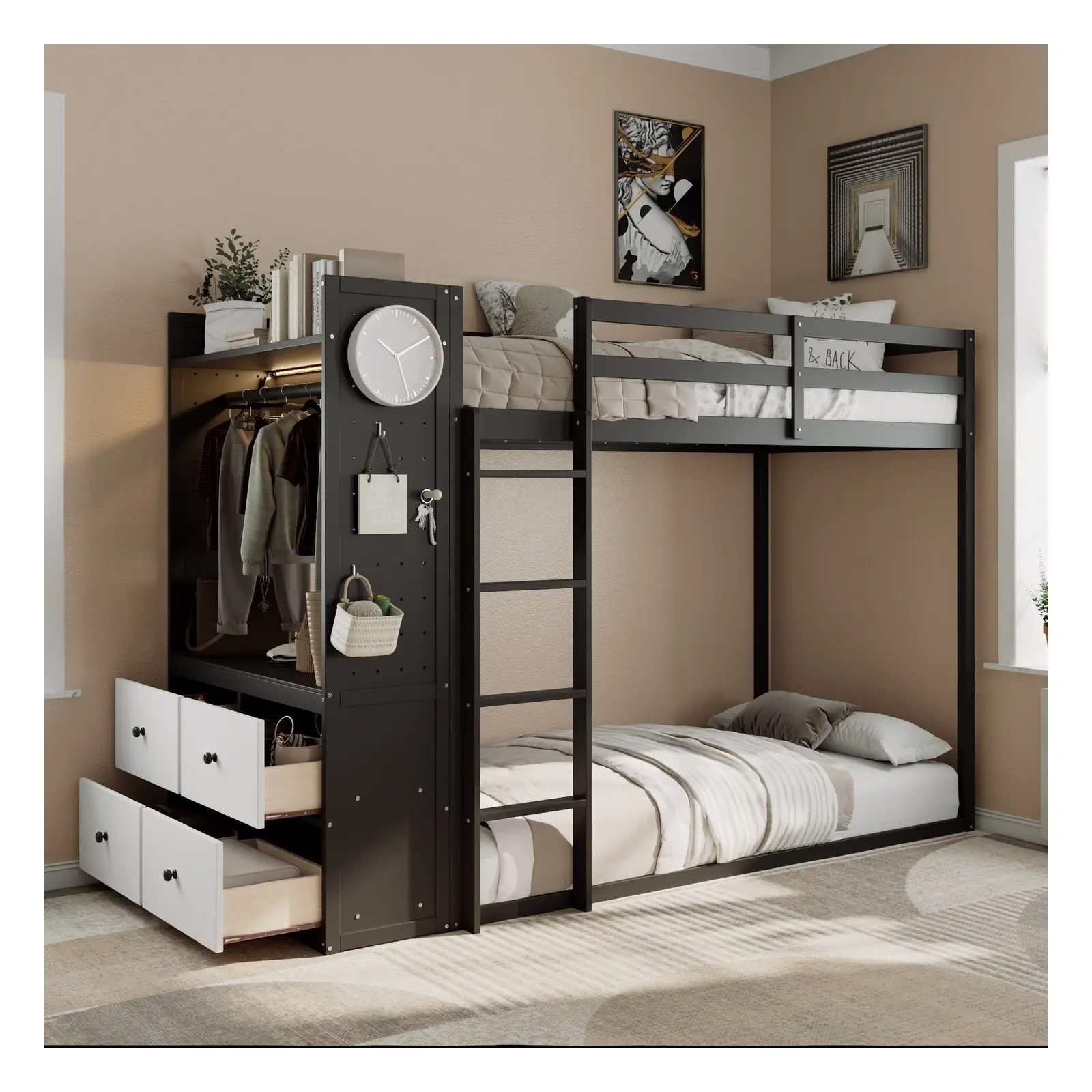 Twin Wood Bunk Bed Frame with Storage Drawers, LED Lights, Wardrobe and Space-Saving Design, Black/Gray/Pink