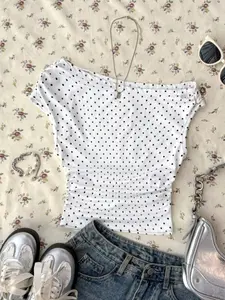Women's New Spring Summer Fashion Polka Dot Print One-Shoulder Slim Fit Casual Beach Top, Sexy Off-The-Shoulder Shirt, Vacation Wear