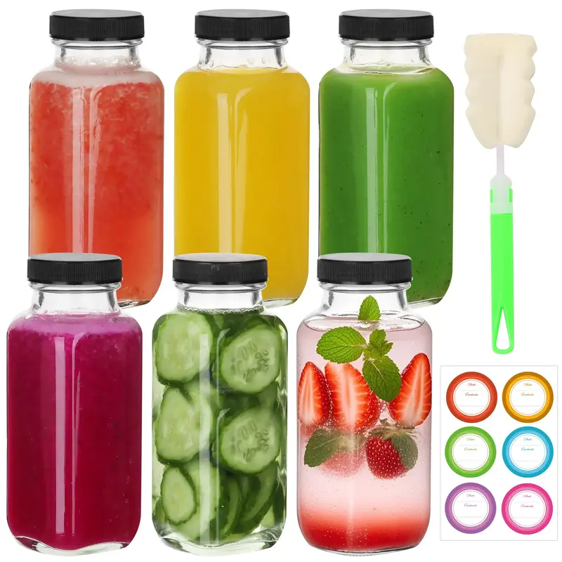 8 oz Glass Juice Bottles with Lids,6 PACK Bottles for Juicing,Square Drinking Jars Glass for Coffee,Cola,Milk,Tea in Travel,Work,School