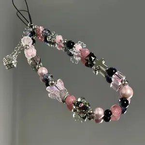 Fashionable pink bead butterfly raspberry pendant phone anti-lost CC camera lanyard Phone Strap Phone Strap Holder Phone Accessory