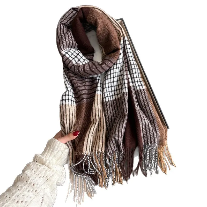 Long Warm Cashmere Scarf - Autumn-Winter New Color-Matching Plaid Design, Fringed, Versatile Commuting Shawl for Couples, Solid Color Scarf Option