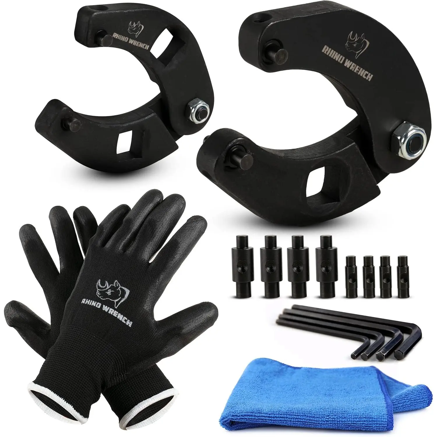 Rhino Gland Nut Wrench - Set of 2 Hydraulic Cylinder Spanner Wrench Adjustable - Spanner Wrench Set Includes Gloves, Microfiber Towel, Pins & Allen Wrenches, Suitable for Farm & Construction Equipment