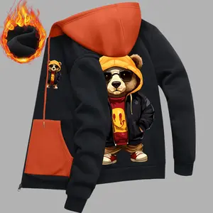 Men's Autumn Winter Fleece Lined Regular Fit Long Sleeve Personalized Trendy Bear Print Patterned Pocket Zipper Hoodie Casual Outdoor Men's Top, Suitable for Leisure and Sports. The Best Gift for Husband or Boyfriend