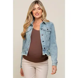 Light Blue Denim Ruffle Trim Maternity Jacket