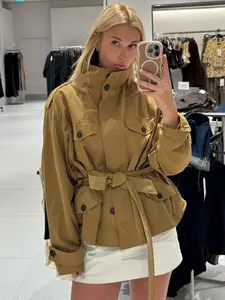 Camel Cropped Fitted Trench Jacket Belted Waist Stand Collar Jacket Multiple Flap Pockets Shoulder Accents Streetwear Casual Women's Layered Outerwear