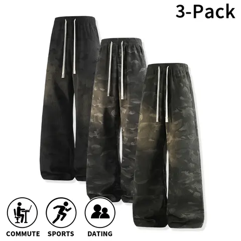3-Pack Men’s Camouflage Waffle-Knit Wide-Leg Pants | Textured Waffle Knit Fabric | This camouflage textured long pants is a trending item sweeping through men’s casual wear | Suitable for everyday commuting | Modern urban street style
