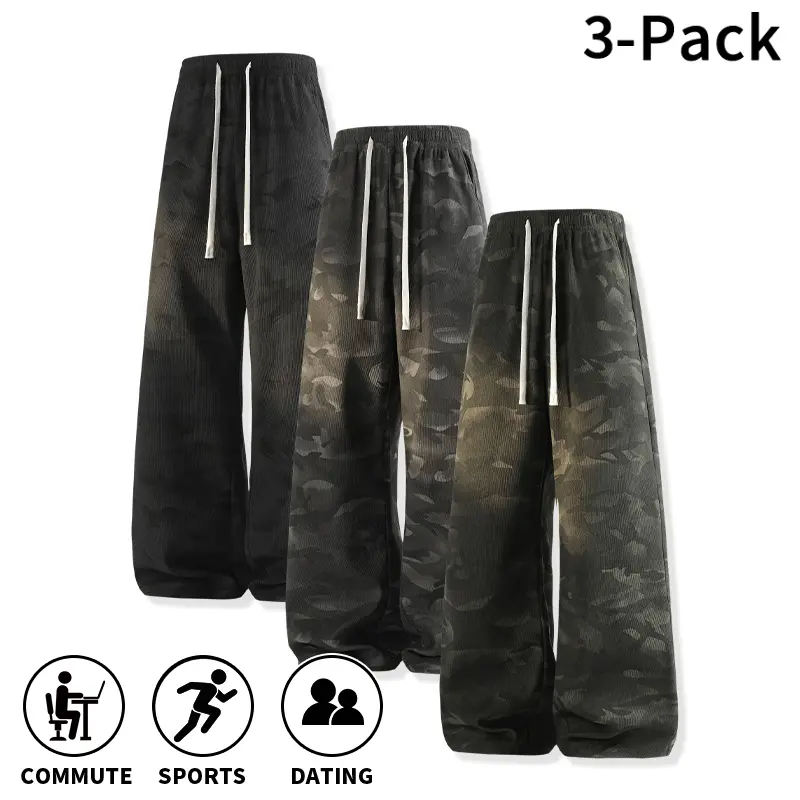 3-Pack Men’s Camouflage Waffle-Knit Wide-Leg Pants | Textured Waffle Knit Fabric | This camouflage textured long pants is a trending item sweeping through men’s casual wear | Suitable for everyday commuting | Modern urban street style