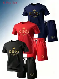 6-Piece Men's Sporty Top Set, Sleeveless Fitted Long Top, King Letter Print, Breathable Polyester, Ideal for Running & Fitness