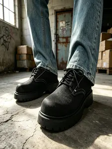Men's Vintage Washed Canvas Platform Shoes, Beige/Black Distressed Chunky Lace-up Casual Shoes, Non-slip Height Increasing Lug Sole Shoes for Men