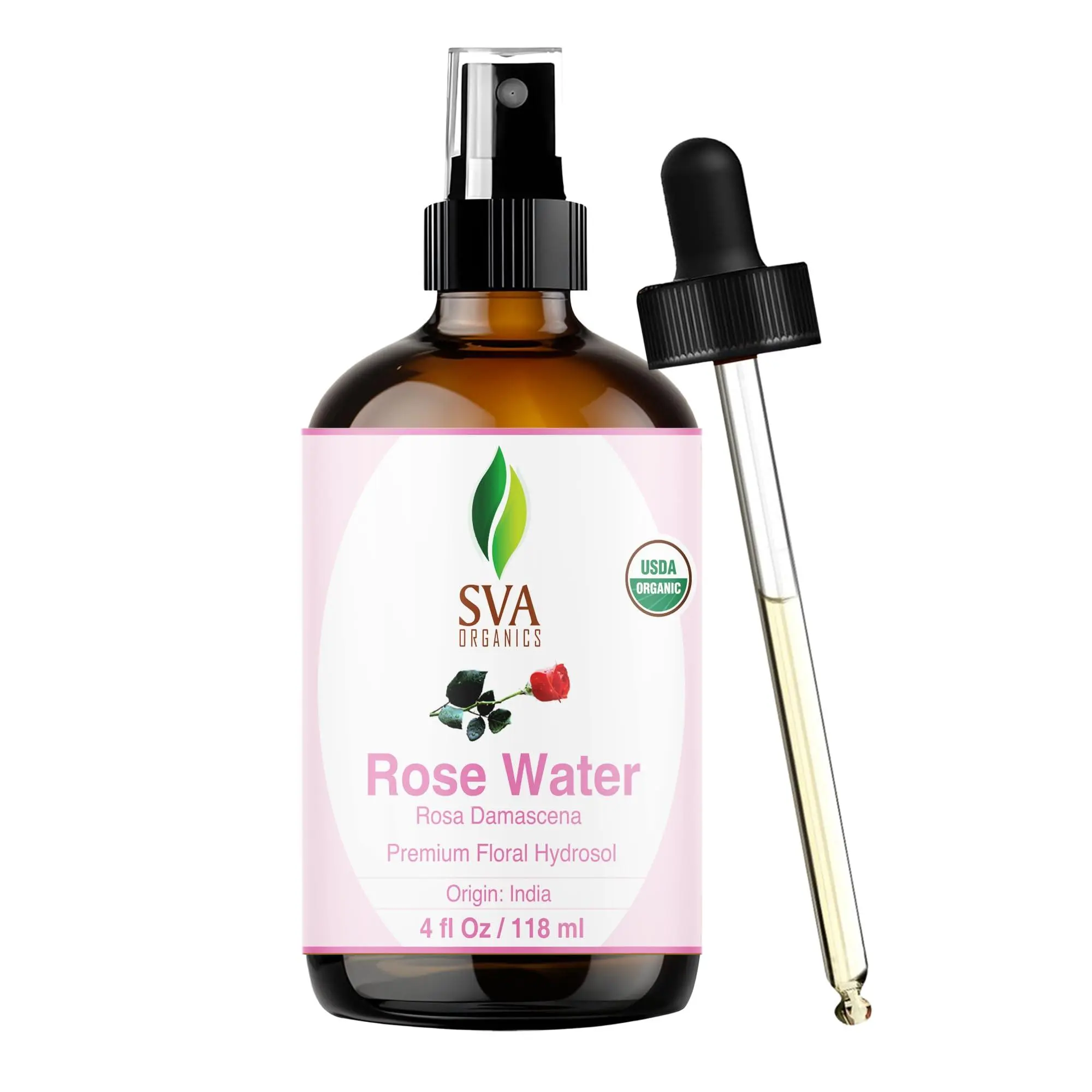 SVA ORGANICS Rose Water 4oz (118 ml) Refreshing Rose Water Spray for Skin Care, Skin Hydration, Bath, Soaps, Haircare & Aromatherapy