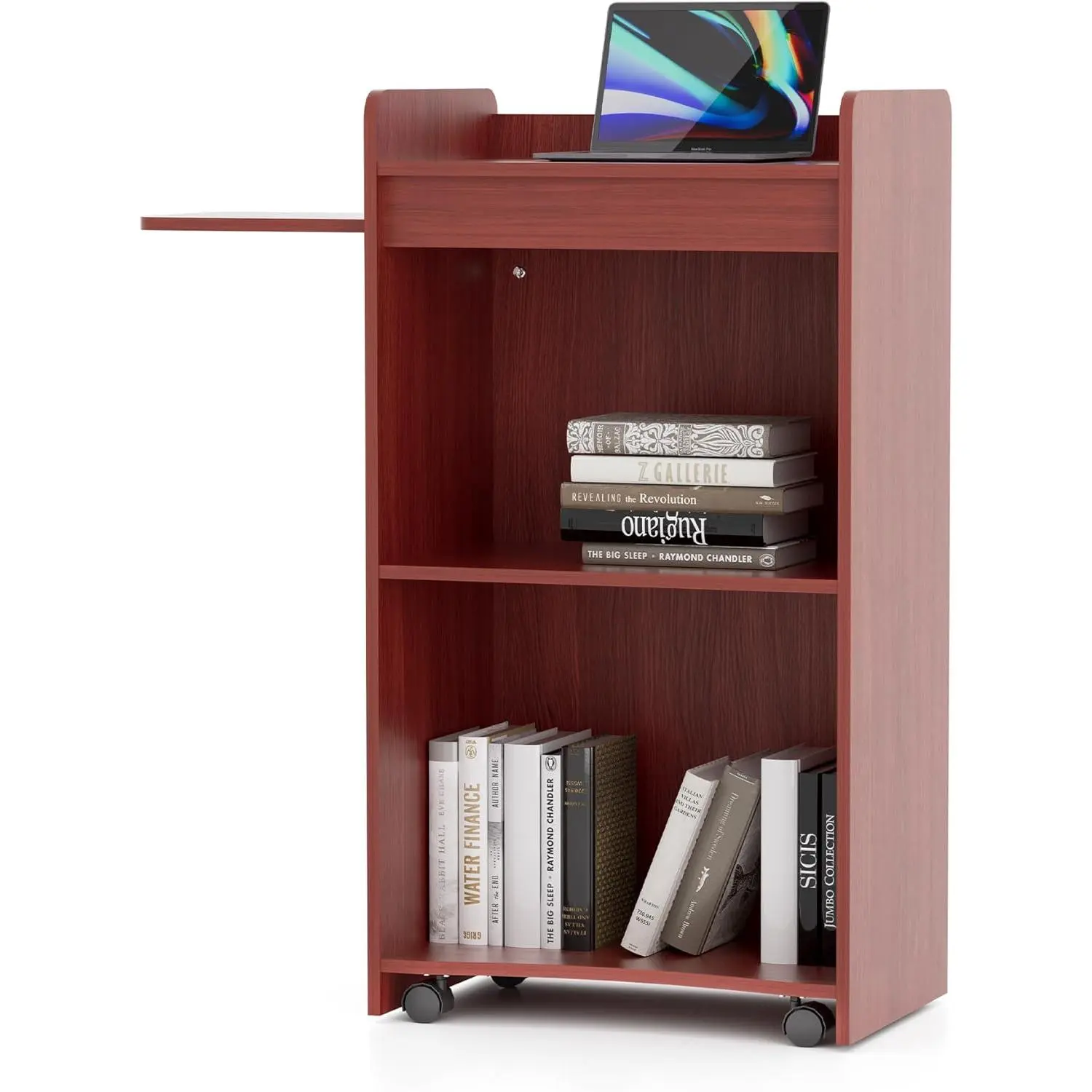 Wood Podium Stand Portable Pulpits for Churches Reception Desk Lectern Hostess Stand with Wheels and Slide Out/in Side Shelf, Mobile Lectern Podium for Conference, Restaurant, Classroom