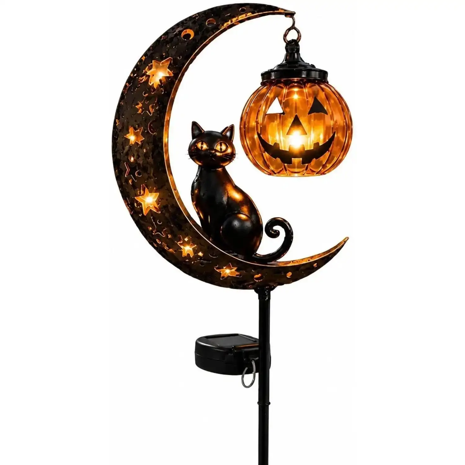 Solar Halloween Decorative Garden Stake Lights - Black Cat, Pumpkin Moon Designs & Hanging Jack-o'-Lantern Lantern for Patio, Walkway (Style C)