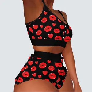 Women's Shorts Sets Loungewear Multicolor with Breathable Fabric and Lips Print Design - Aesthetic Coordinate Comfortable Nightwear Womenswear Pajama Feminine Overall Elegance pajama sets women