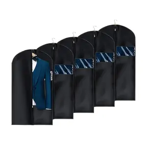 5 pieces of black washable suit covers with transparent windows, suitable for cabin storage and organization, including washable suit covers, shirts, suits, dresses, and windowed suit dustproof bags for cabin storage and organization, Suit Protectors Set