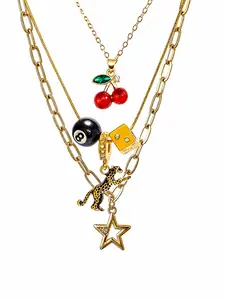3pcs Leopard & Cherry Necklace Set, Ball-8 Billiard Dice Charm, Cherry Necklace, Fashionable Star Necklace, Classic Leopard Necklace