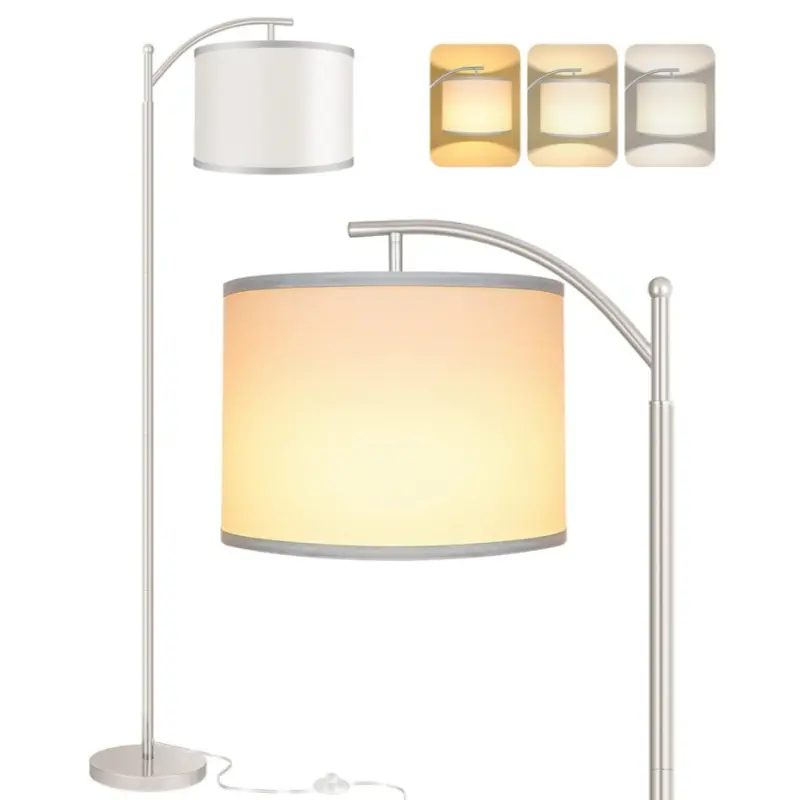 Floor Lamp for Living Room with 3 Color Temperatures LED Bulb, Standing Lamp Tall Industrial Floor Lamp Reading for Bedroom, Office (9W LED Bulb, White Lampshade Included) -Silver