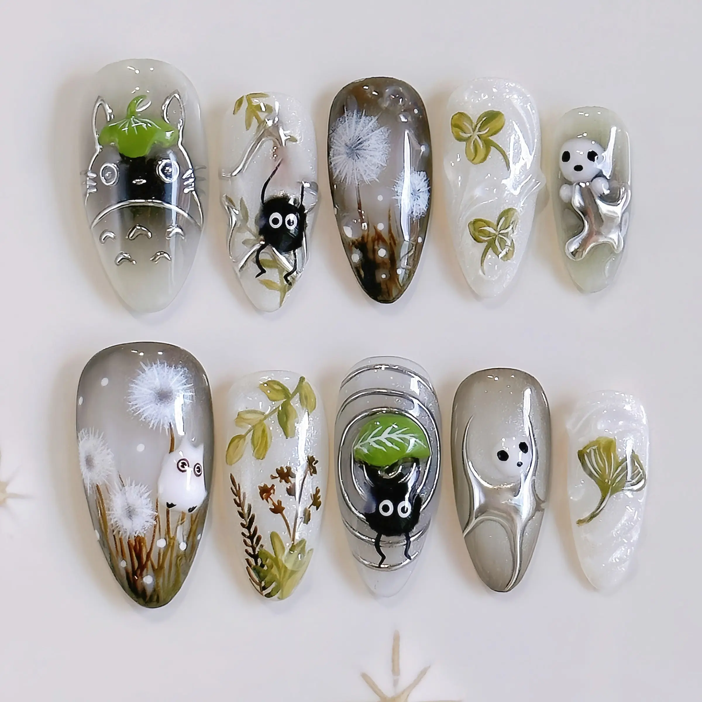 24 Pcs Almond Shape Press-On Nails, Fake Nails, Decorative Nails, Cat Eye Texture with Hand Drawn Owl, Dandelion Plant Pattern, Cartoon Nail Art Set, Includes Jelly Gel and File, Nail Art Kits, Handmade Press Ons