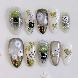 24 Pcs Almond Shape Press-On Nails, Cat Eye Texture with Hand Drawn Owl, Dandelion Plant Pattern, Cartoon Nail Art Set, Includes Jelly Gel and File, Nail Art Kits