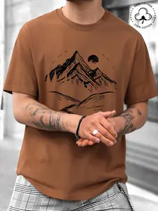 Men's 100% Cotton Mountain Moon Landscape Graphic Tee, Oversized Outdoor Nature Streetwear T-Shirt, Fitted Long Sleeve Top