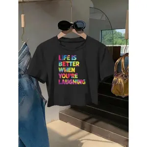Womens Cotton Crop Top Short Sleeve Graphic Tee Life Is Better When Youre Laughing Rainbow Letter Print Casual Summer Streetwear Festival Vacation Outfit