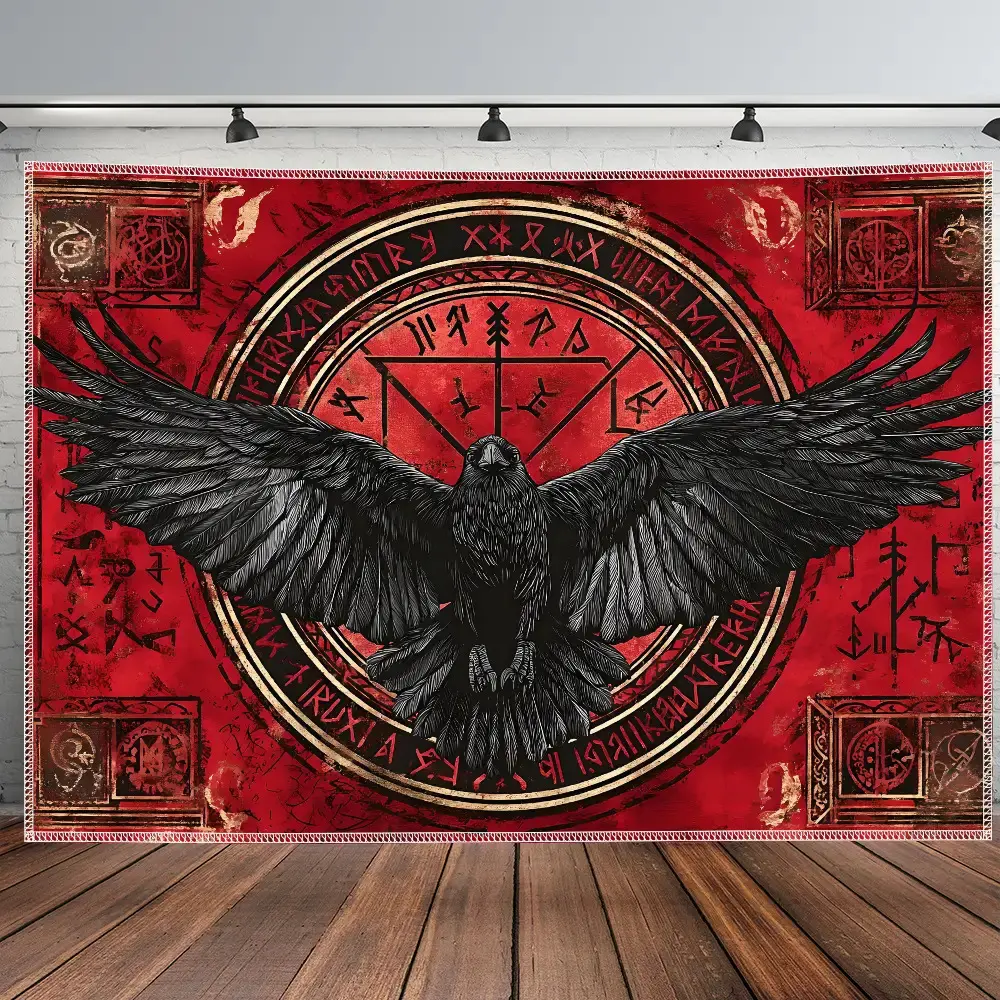 1pc Extra Large Gothic Raven & Celtic Knot Tapestry - Heavy-Duty Red/Black/ Golden/Gray/White/Gray - Vintage Norse Viking Rune Design - Wrinkle-Resistant Fabric - Hanging Decor for Living Room, Bedroom, Office - Easy Hanging Clips Included - Bold Statemen