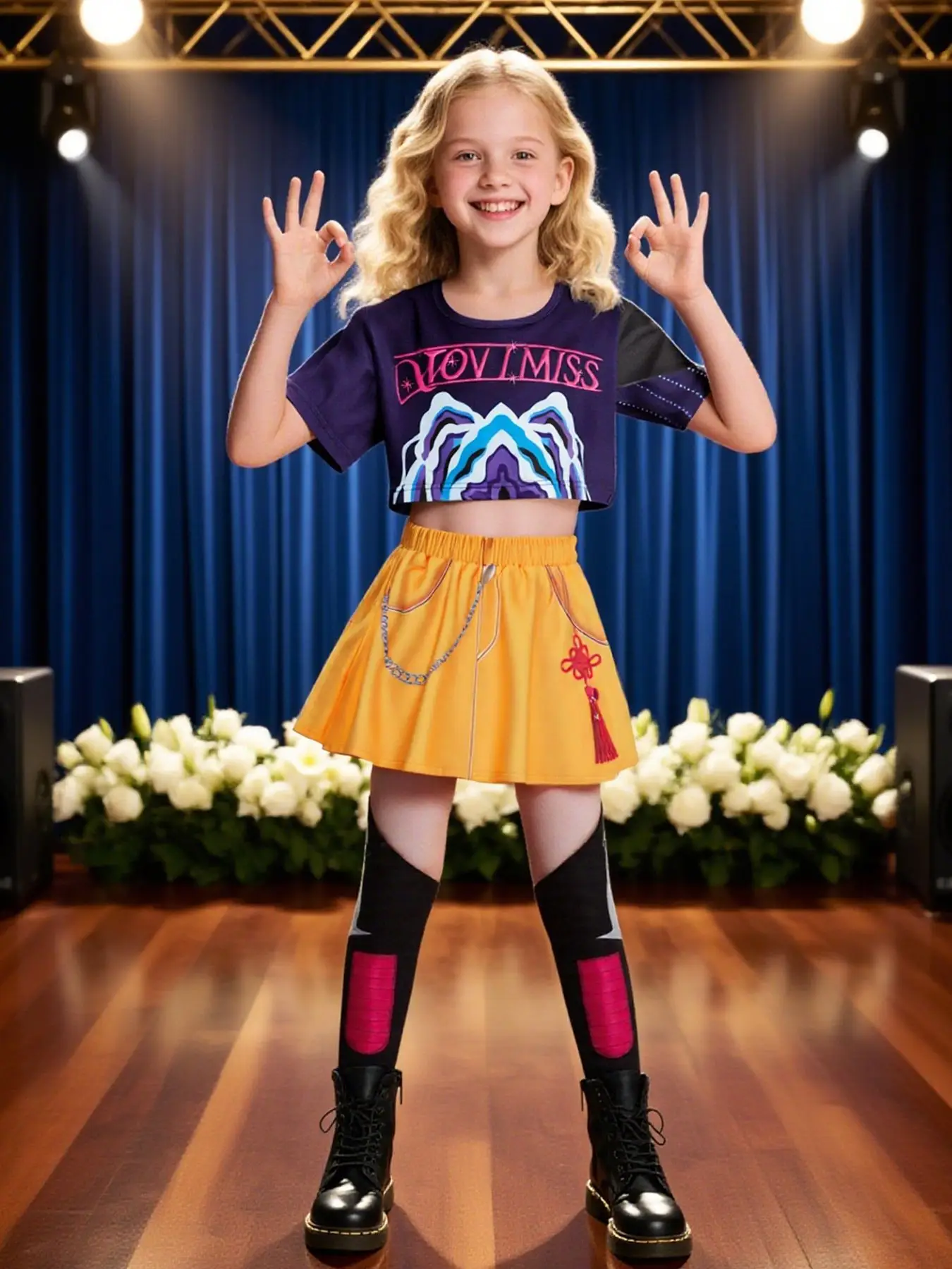 K-Pop Mira Cool Short Sleeve Crop Top Skirt Set, Halloween Girls Trendy Costume, All Seasons Fitted Moderate Fabric Clothes