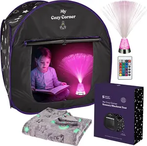 Blackout Sensory Tent for Kids, Pop Up Calming Play Room with Fiber Optic Lamp and Glow-in-The-Dark Fuzzy Blanket