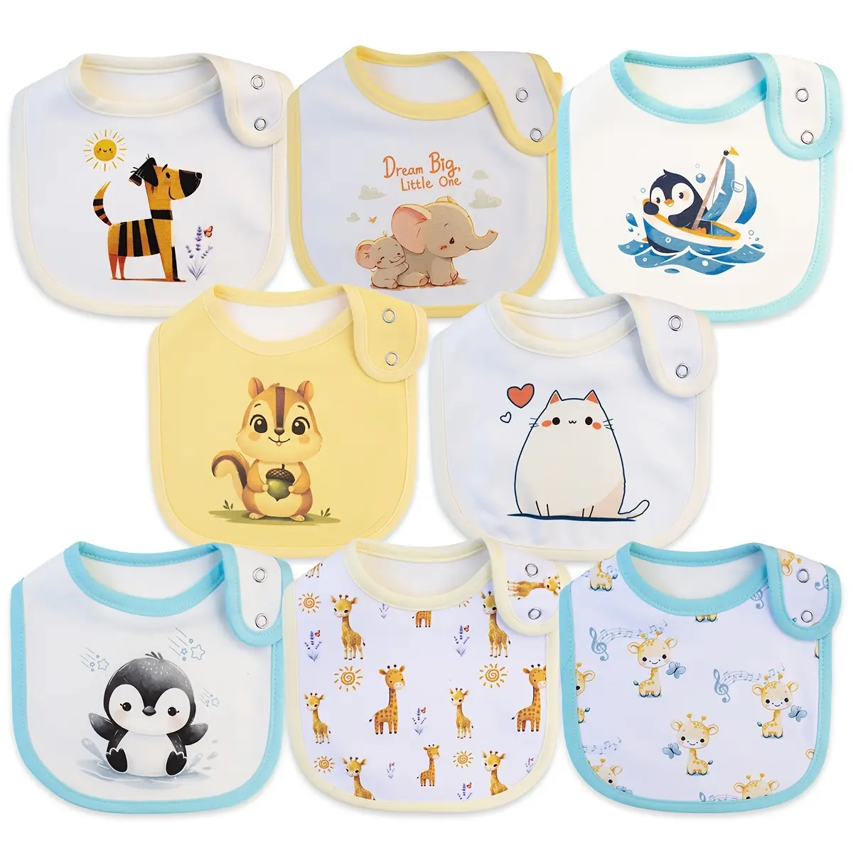 8 Pack Waterproof Baby Bibs for Boys & Girls, Cartoon Printed Feeding & Drool Bibs with Adjustable Snaps, Teething Bib Set for Newborns Infants Toddlers bibs Organic Cotton