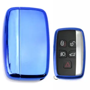 iJDMTOY Chrome Finish Blue TPU Key Fob Protective Cover Case For 2010-2016 Land Rover 5-Button Key Fit Range Rover Sport, Range Rover, LR4, Evoque, etc