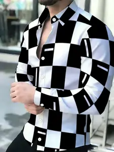 Summer Men's Black and White Checkerboard Long Sleeve Shirt