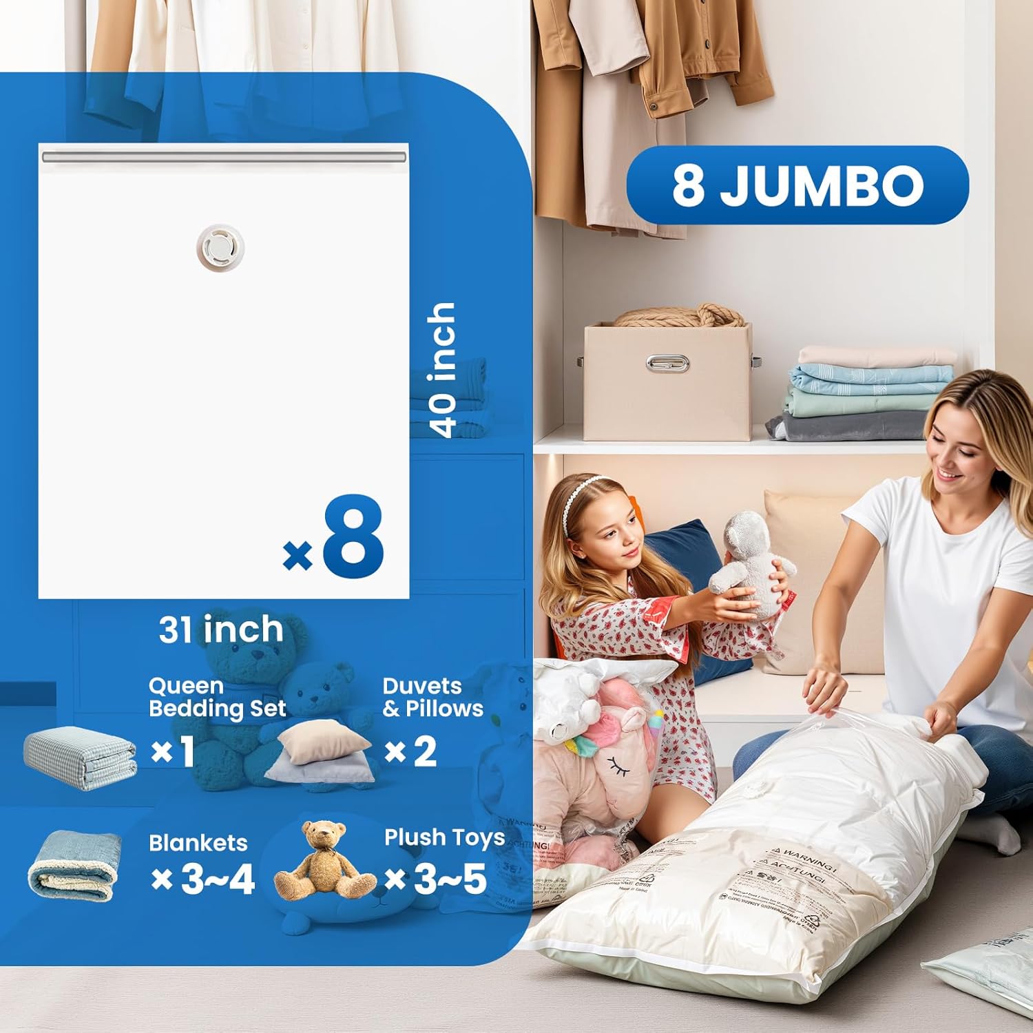 TAILI 8 Pack Vacuum Storage Bags for Comforter and Blankets, Jumbo Vacuum Seal Bags for Bedding 40x31 Inch, Space Saver Bags for Clothes, Pillows, Saving More Closet Space