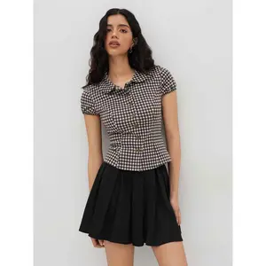 Cider Peter Pan Collar Gingham Button Puff Sleeve Top