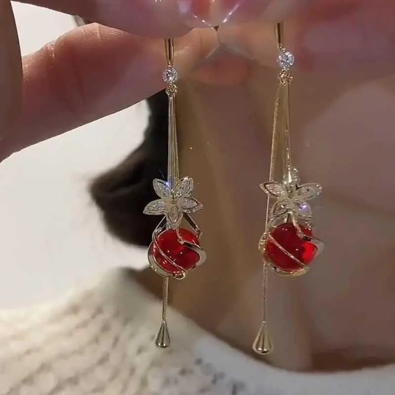 All-Match Flower Earrings Blooming Prosperity Distinctive Design Brightening Slimming Ear Jewelry Ethereal Long Tassel Drops HNAM88