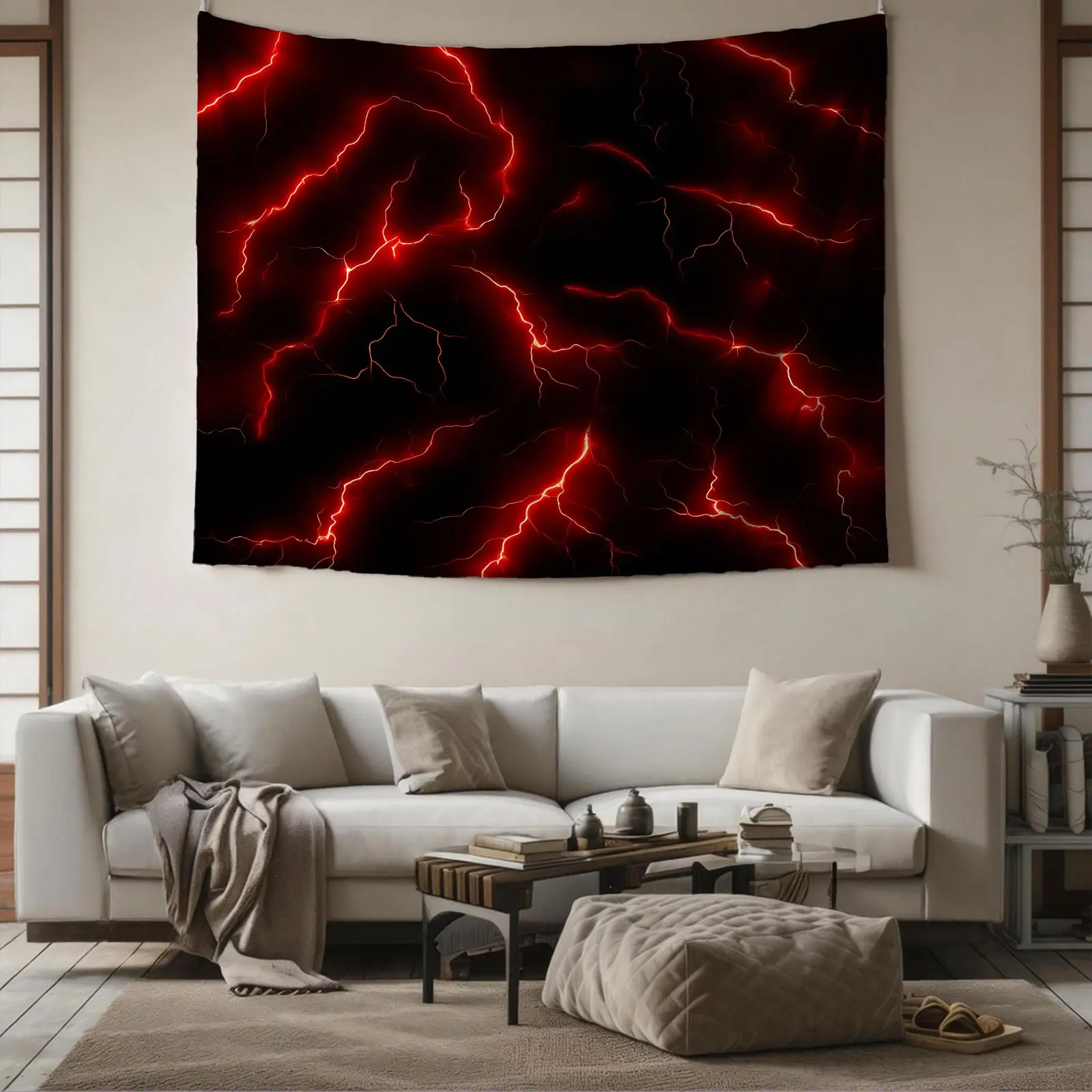 Red Lightning Print Tapestry, Black Red Thunderstorm Wall Hanging Tapestries, Abstract Neon Wall Blanket Backdrop Decor, Cool Gothic Style Wall Art for Teens Boys Bedroom, Living Room, Aesthetic Home Decor, Lightweight Polyester, Easy to Hang