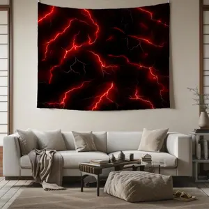 Red Lightning Print Tapestry, Black Red Thunderstorm Wall Hanging Tapestries, Abstract Neon Wall Blanket Backdrop Decor, Cool Gothic Style Wall Art for Teens Boys Bedroom, Living Room, Aesthetic Home Decor, Lightweight Polyester, Easy to Hang