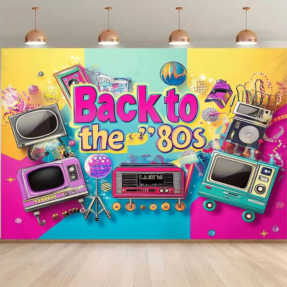 1pc 2D Flat Retro Theme Background Banner - Retro TV, Radio, Nostalgic "Back to the 80s" Text Prints, Art for Event Decorations, Photo Booth Props