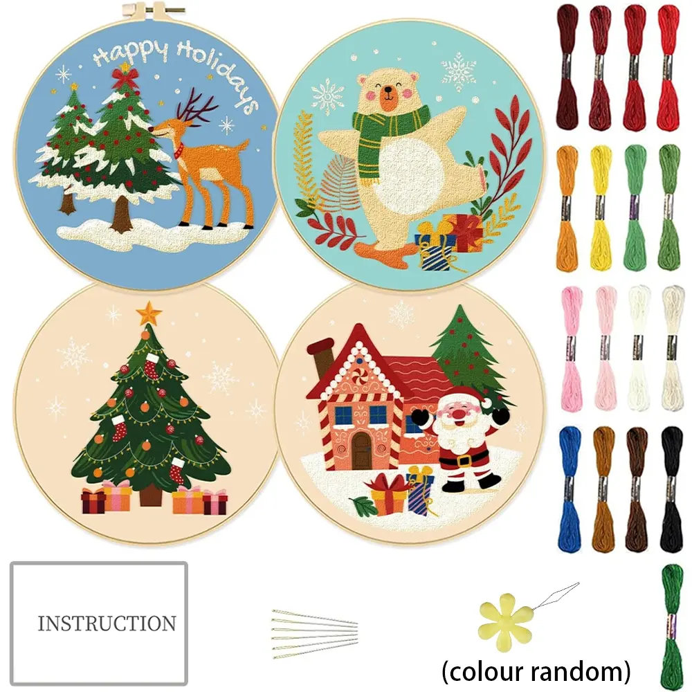 4counts winter snowman themed embroidery DIY Craft handmade kit, including 1 embroidery hoop, embroidery thread, unique home decor, and Christmas holiday gifts
