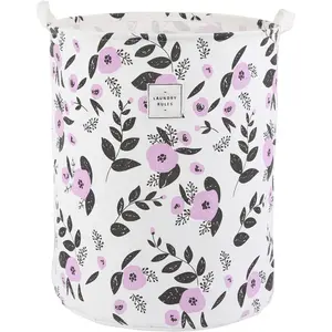 Large Foldable Portable Collapsible Tall Laundry Hamper Nursery Storage Basket Organizer Bin with Handles Canvas & Waterproof Lining for Household Items (Floral Purple)