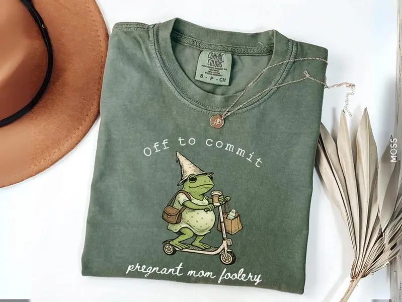 Comfort Colors Funny Pregnant Frog Shirt Off To Commit Mom Foolery Tee Pregnancy Announcement T-Shirt Expecting Mom To Be Gift Frog Mom T-Shirt
