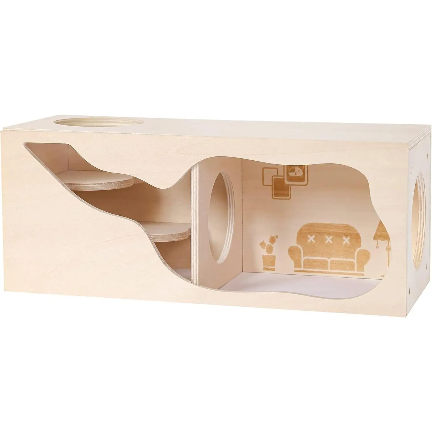 Hamster Hideout Wooden House Chamber Small Animals Pets Tunnel Exploring Toys Secret Peep Shed for Dwarf Hamsters, Syrian Hamsters, Gerbils, Hedgehogs, Rats, Mice (Living Room)