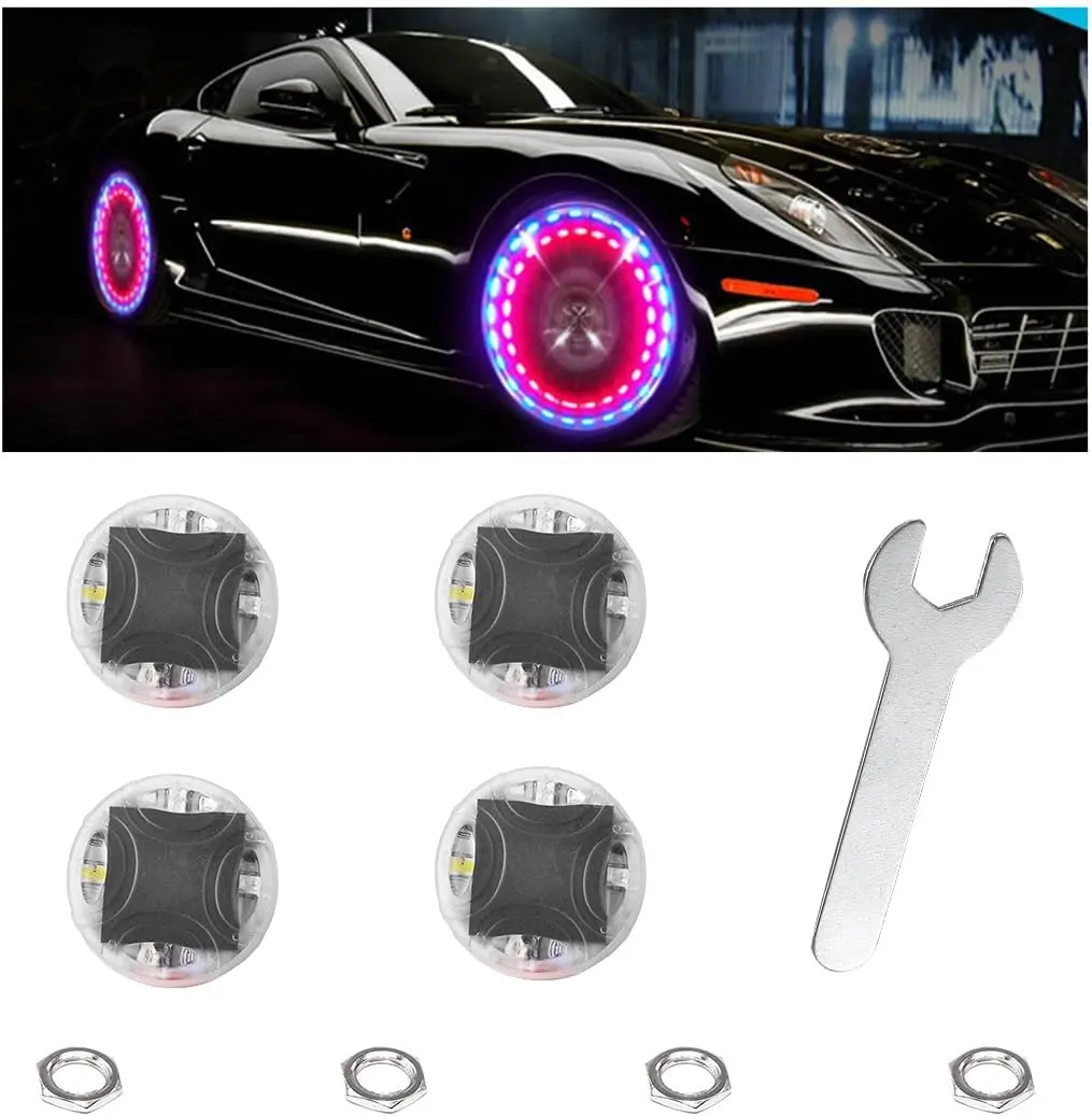 4 count  Tire Wheel Lights, Colorful Flashing LED Air Valve Cap Lights with Motion Sensor, Solar  Tire Light Gas Nozzle for   ,  Accessories