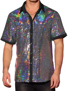INSPIRE CHIC Sequins Shirts for Men's Short Sleeves Disco Party Sparkly Metallic Shirt