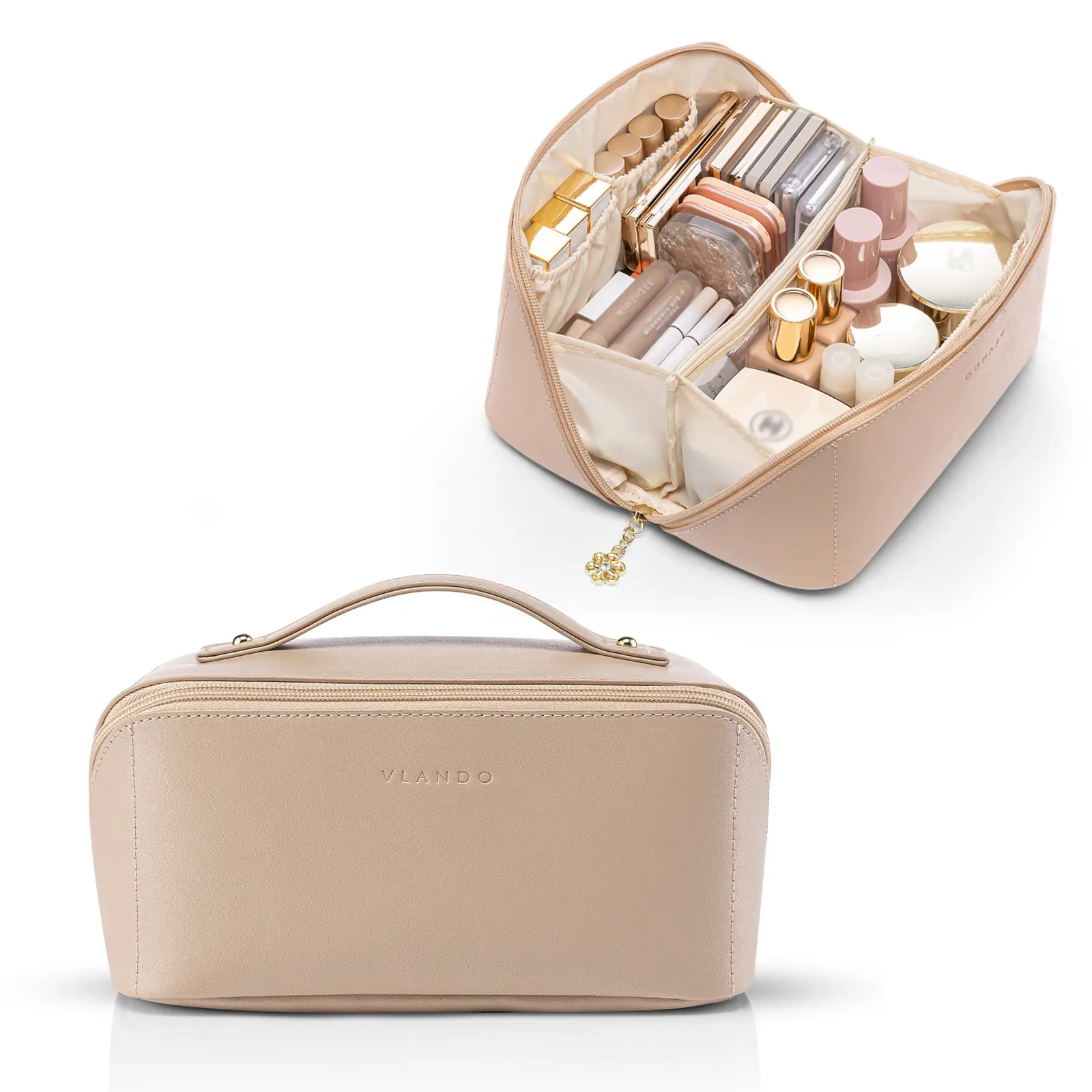 VLANDO Makeup Bag,Travel Toiletry Bag,Cosmetic Bag for Women PU Leather Portable Make up Bag for Skincare, Brushes & Travel Essentials-Toffee