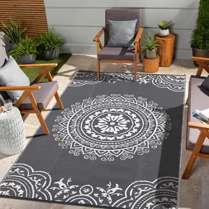 GARVEE 6' x 9' Reversible Mats, Plastic Straw Rug, Modern Area Rug, Large Floor Mat for Outdoors, RV, Patio, Backyard, Deck, Picnic, Beach, Trailer, Camping, Porch, Balcony, Persia Grey & White