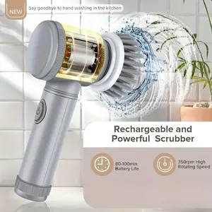 Essential Lazy Person Electric Cleaning Brush, Handheld with 5 Replaceable Heads, Rechargeable 500mah Battery, Ideal for Kitchen, Bathroom, Car