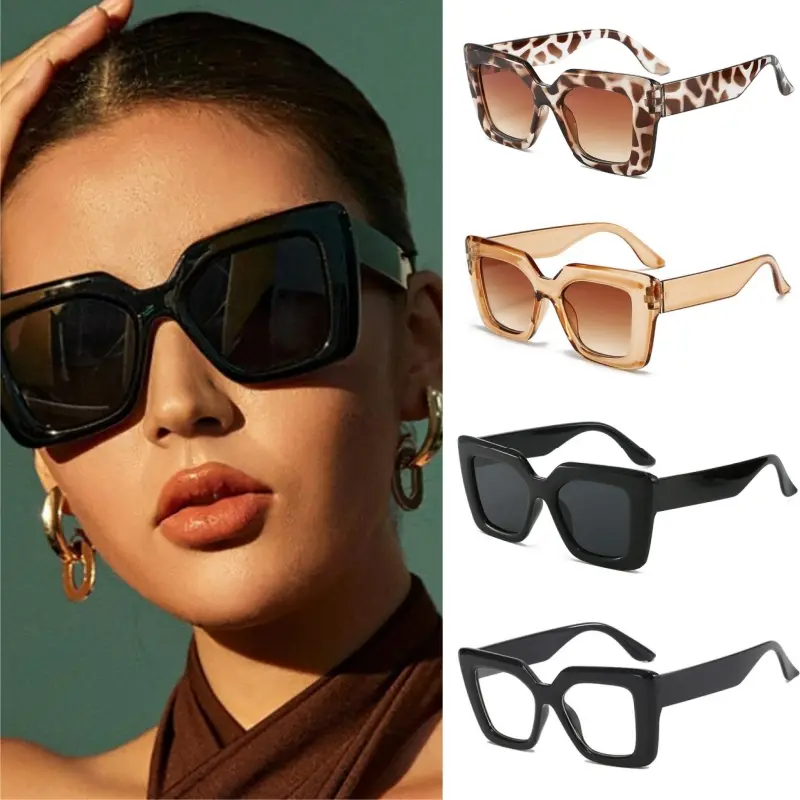 Women's 4-Pcs Oversized Square Sunglasses, Fashionable Frames Semi-Rimless Minimalist Eyewear, UV Protection Durable Shades for Street Style & Outdoor Use, Trendy European-American Unisex Internet Celebrity Sunglasses, Fashionable Frames Sunglasses,summer
