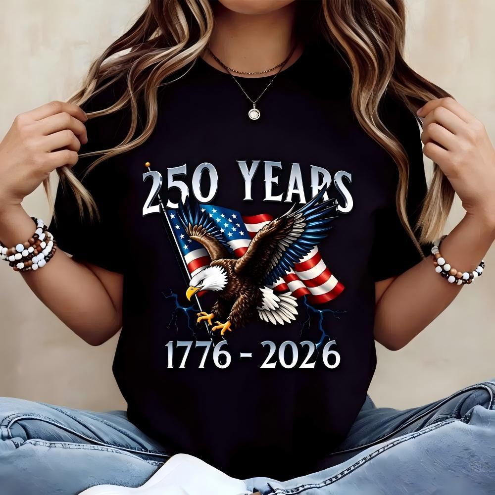 American Eagle Independence Day 250 Years 1776 2026 T-Shirt White Patriotic Flag And Bird Design For Celebrations And National Events,4th of July Women Streetwear Top