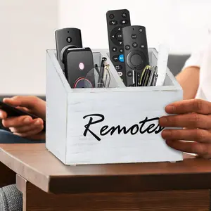 Remote Control Holder, Retro White TV Remote Holder, Remote Organizer Caddy for Table, Wooden Remote Box for Nightstand, Remote Caddy with 2 Slots storage